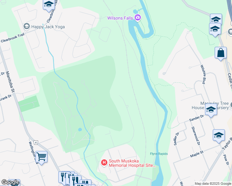 map of restaurants, bars, coffee shops, grocery stores, and more near 42 South Muskoka Drive in Bracebridge