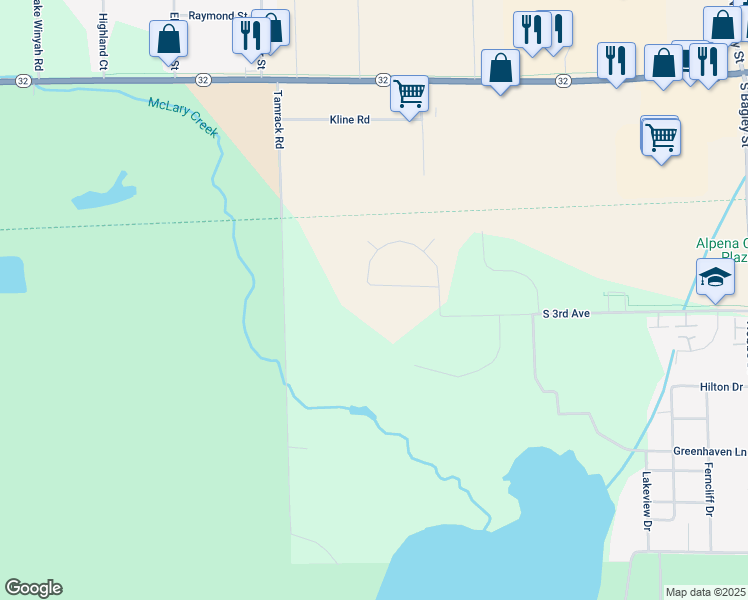 map of restaurants, bars, coffee shops, grocery stores, and more near 126-198 Barrington Circle in Alpena