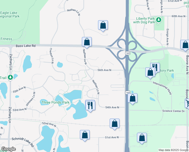 map of restaurants, bars, coffee shops, grocery stores, and more near 5525 Nathan Lane North in Plymouth