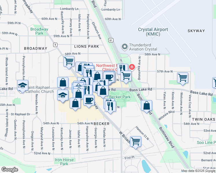 map of restaurants, bars, coffee shops, grocery stores, and more near 6418 Bass Lake Road in Minneapolis