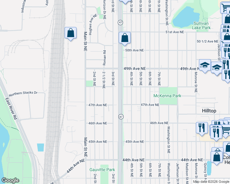 map of restaurants, bars, coffee shops, grocery stores, and more near 4803 3rd Street Northeast in Fridley