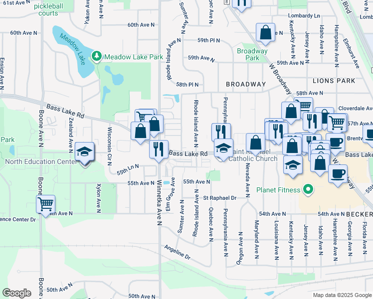 map of restaurants, bars, coffee shops, grocery stores, and more near Bass Lake Road in Minneapolis