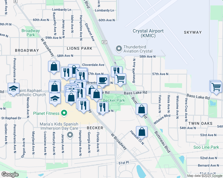 map of restaurants, bars, coffee shops, grocery stores, and more near 6407 Brentwood Avenue North in Minneapolis