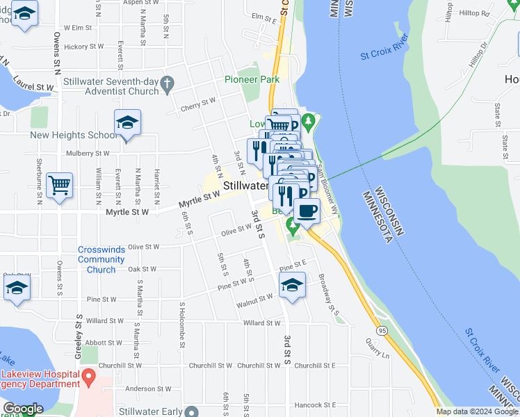 map of restaurants, bars, coffee shops, grocery stores, and more near 114 Chestnut Street East in Stillwater