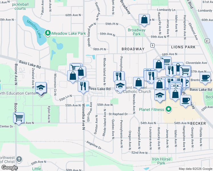 map of restaurants, bars, coffee shops, grocery stores, and more near 5618 Rhode Island Avenue North in Minneapolis