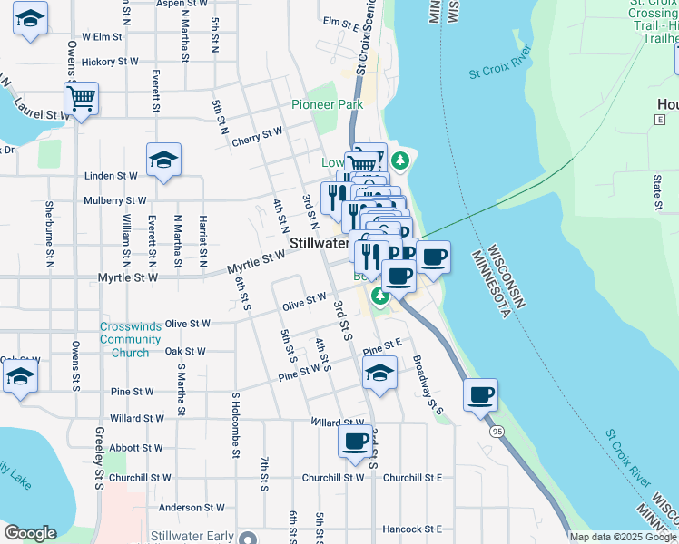 map of restaurants, bars, coffee shops, grocery stores, and more near 114 Chestnut Street East in Stillwater