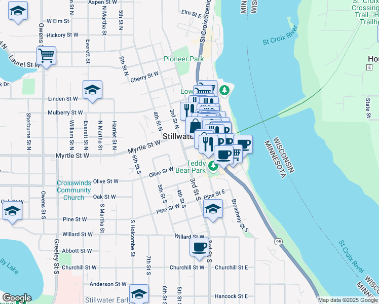 map of restaurants, bars, coffee shops, grocery stores, and more near 114 Chestnut Street East in Stillwater