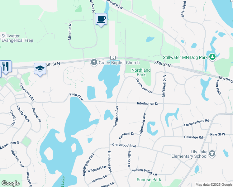 map of restaurants, bars, coffee shops, grocery stores, and more near 170 Northland Avenue in Stillwater