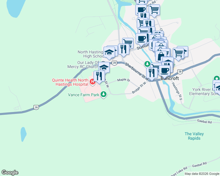 map of restaurants, bars, coffee shops, grocery stores, and more near 162 Bridge Street West in Bancroft