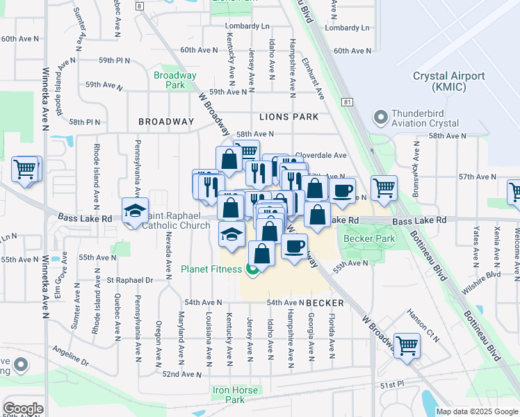 map of restaurants, bars, coffee shops, grocery stores, and more near 5629 West Broadway Avenue in Crystal