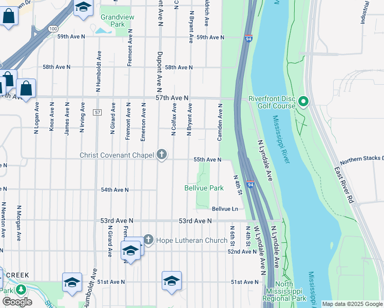 map of restaurants, bars, coffee shops, grocery stores, and more near 5520 North Bryant Avenue in Minneapolis