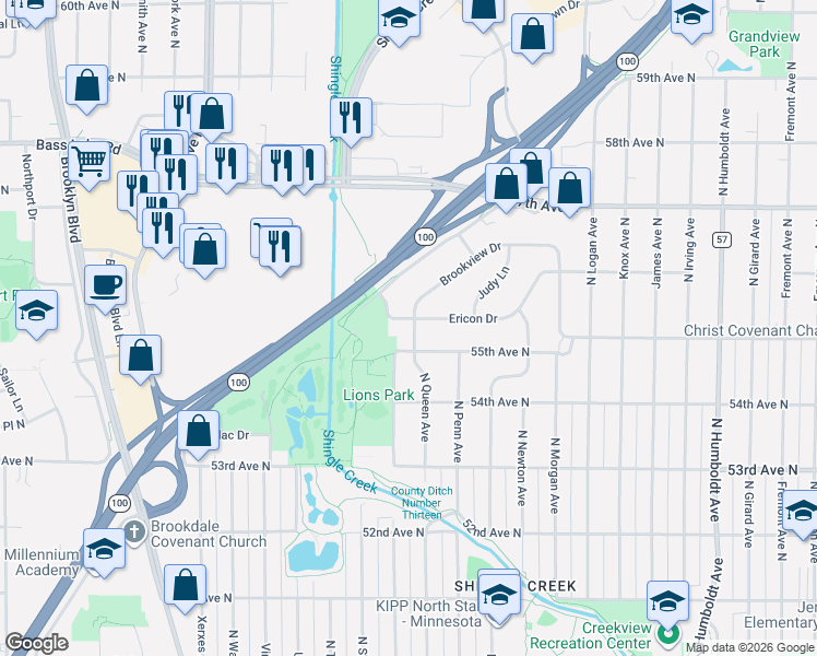 map of restaurants, bars, coffee shops, grocery stores, and more near 2412 Ericon Drive in Minneapolis
