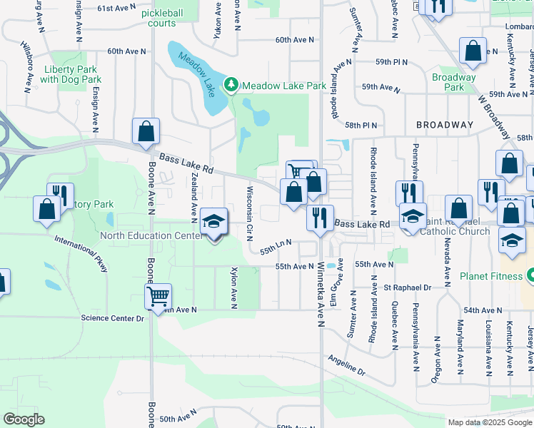 map of restaurants, bars, coffee shops, grocery stores, and more near 5608 Wisconsin Avenue North in Minneapolis