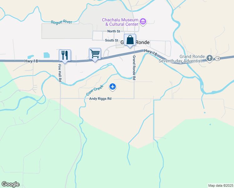 map of restaurants, bars, coffee shops, grocery stores, and more near 28475 Andy Riggs Road in Grand Ronde