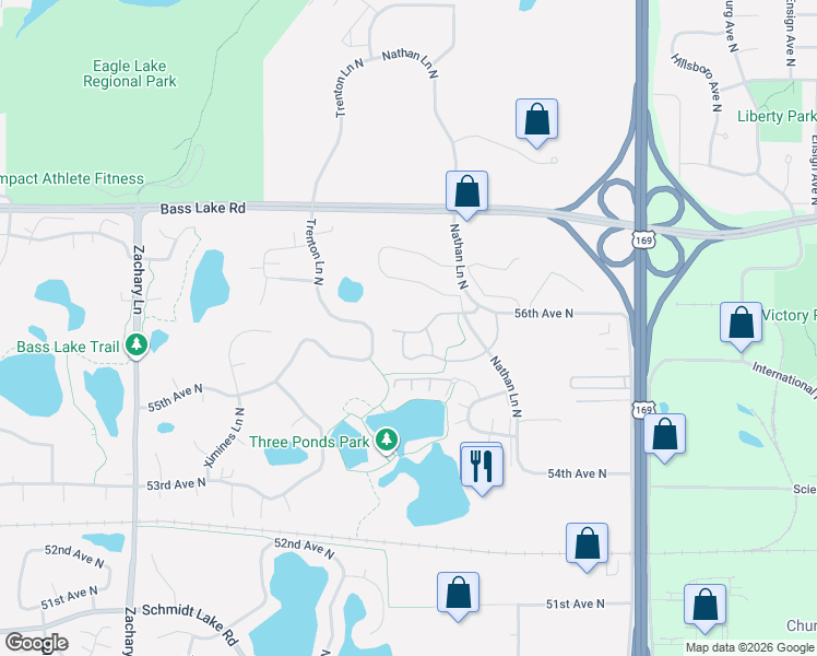map of restaurants, bars, coffee shops, grocery stores, and more near 5590 Nathan Lane North in Plymouth