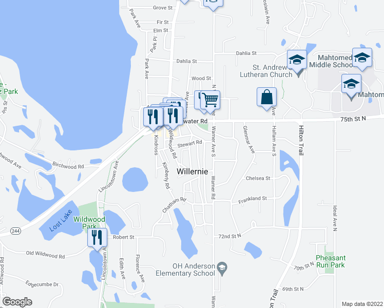 map of restaurants, bars, coffee shops, grocery stores, and more near 312 Charing Lane in Willernie