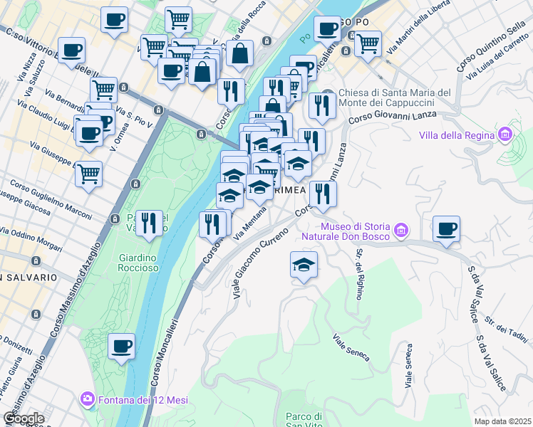 map of restaurants, bars, coffee shops, grocery stores, and more near 12 Via Mentana in Torino