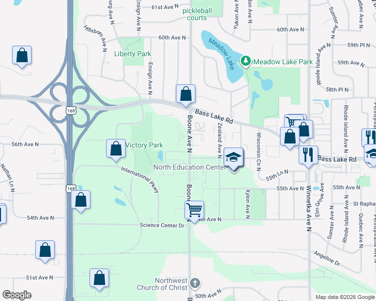 map of restaurants, bars, coffee shops, grocery stores, and more near 5625 Boone Avenue North in Minneapolis