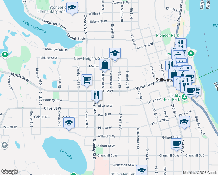 map of restaurants, bars, coffee shops, grocery stores, and more near 116 Everett Street North in Stillwater