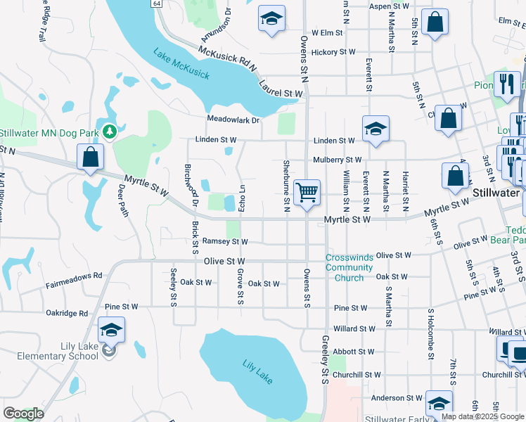 map of restaurants, bars, coffee shops, grocery stores, and more near Center Street North in Stillwater