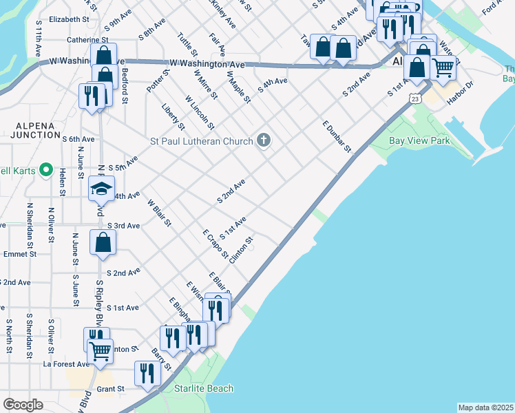 map of restaurants, bars, coffee shops, grocery stores, and more near 198 E Campbell St in Alpena
