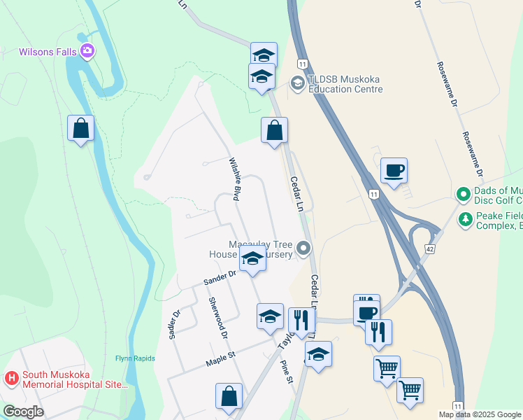 map of restaurants, bars, coffee shops, grocery stores, and more near 12 The Granite Bluff in Bracebridge