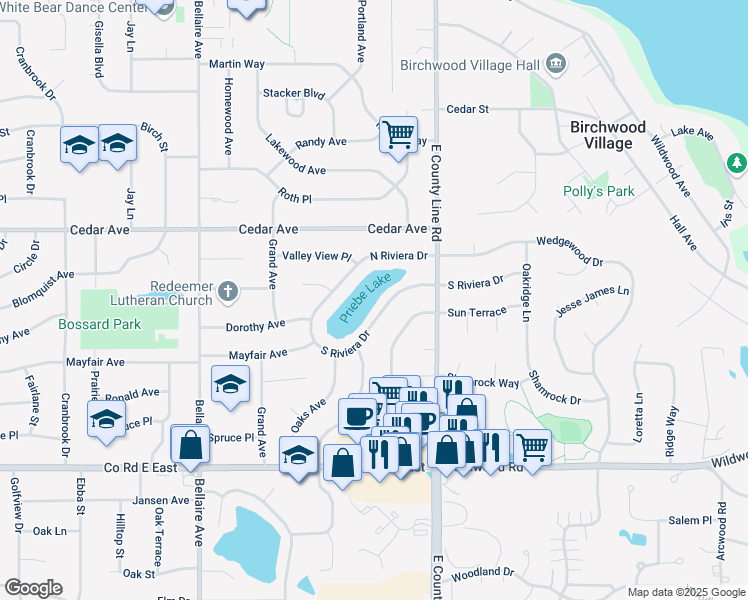 map of restaurants, bars, coffee shops, grocery stores, and more near 2685 North Riviera Drive in White Bear Lake