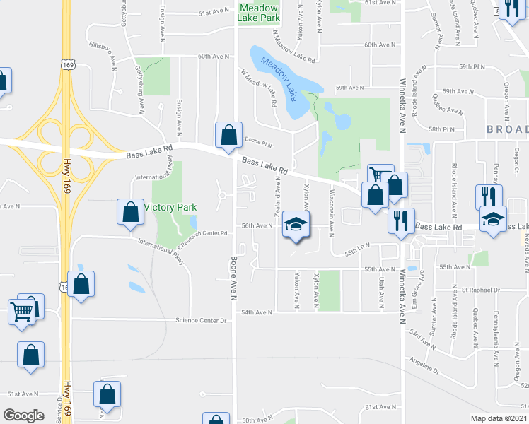 map of restaurants, bars, coffee shops, grocery stores, and more near 5625 Zealand Avenue North in New Hope