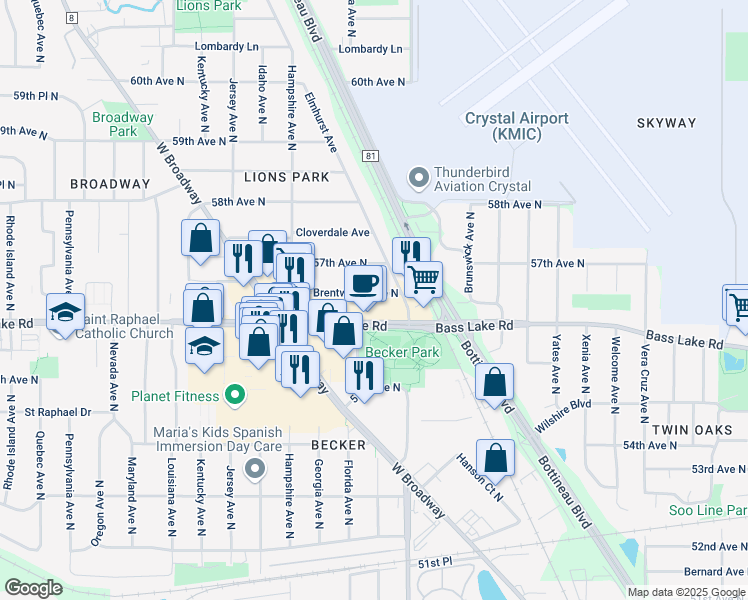map of restaurants, bars, coffee shops, grocery stores, and more near 6407 Brentwood Avenue North in Minneapolis