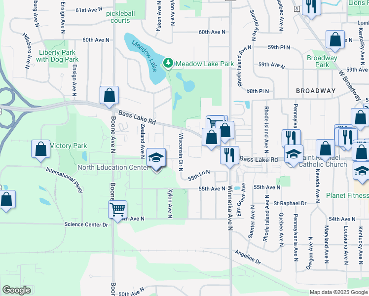 map of restaurants, bars, coffee shops, grocery stores, and more near 5608 Wisconsin Avenue North in Minneapolis