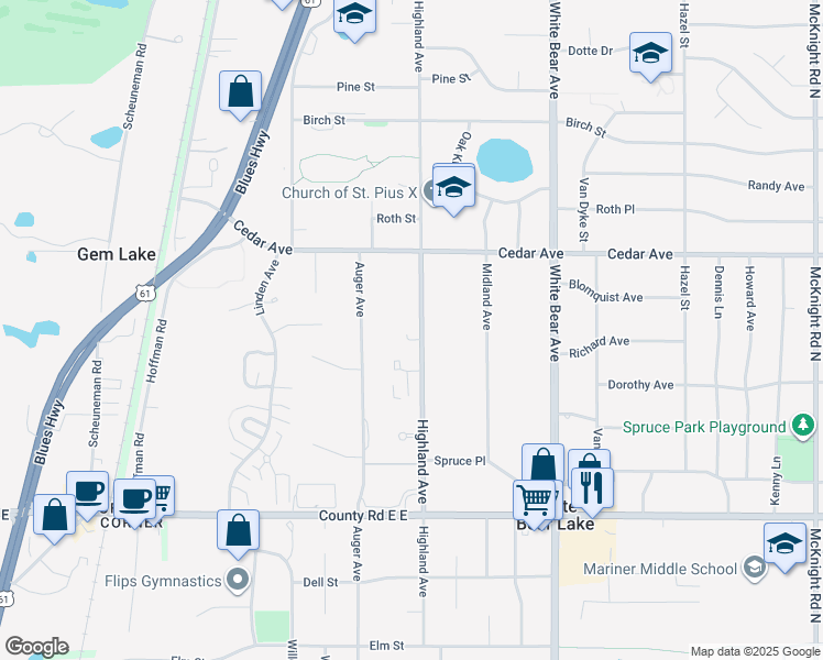 map of restaurants, bars, coffee shops, grocery stores, and more near 3775 Highland Avenue in White Bear Lake