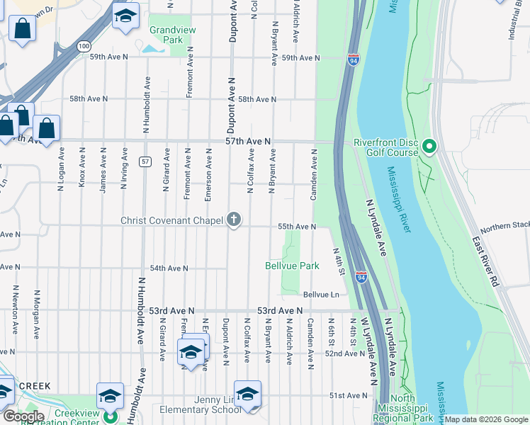 map of restaurants, bars, coffee shops, grocery stores, and more near 5520 North Bryant Avenue in Minneapolis