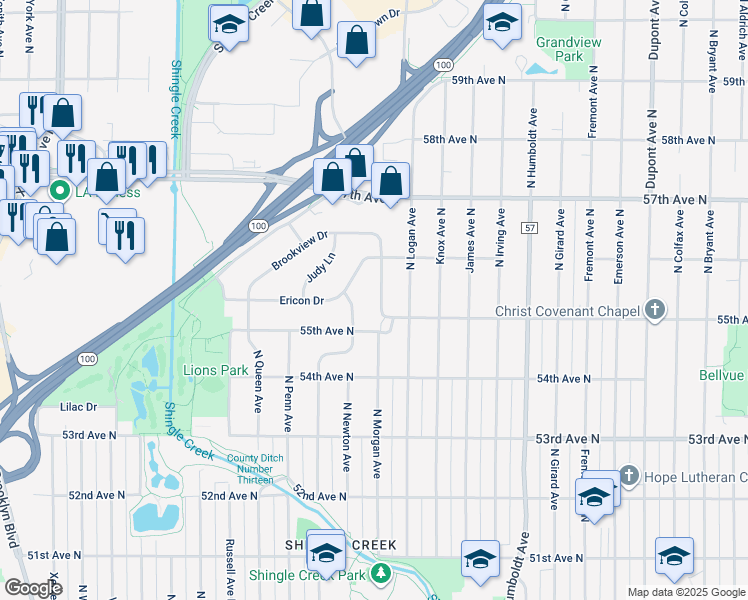 map of restaurants, bars, coffee shops, grocery stores, and more near 5525 North Morgan Avenue in Minneapolis