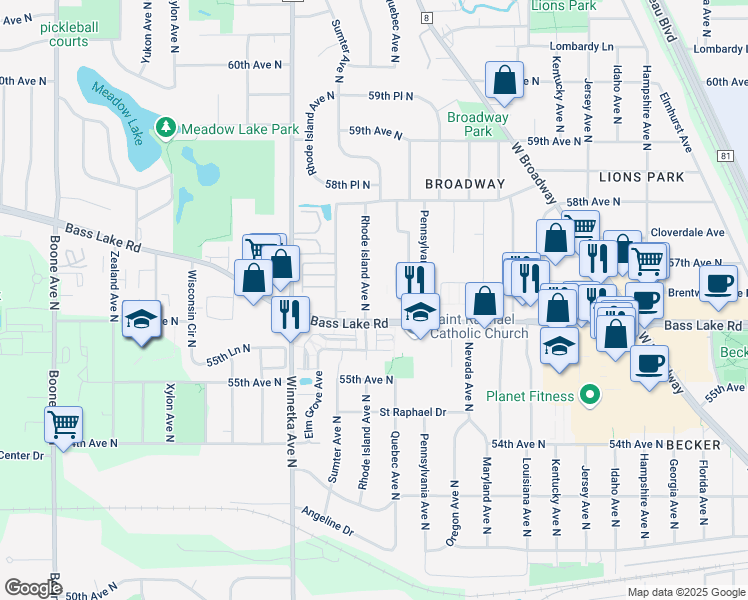 map of restaurants, bars, coffee shops, grocery stores, and more near 5618 Rhode Island Avenue North in Minneapolis