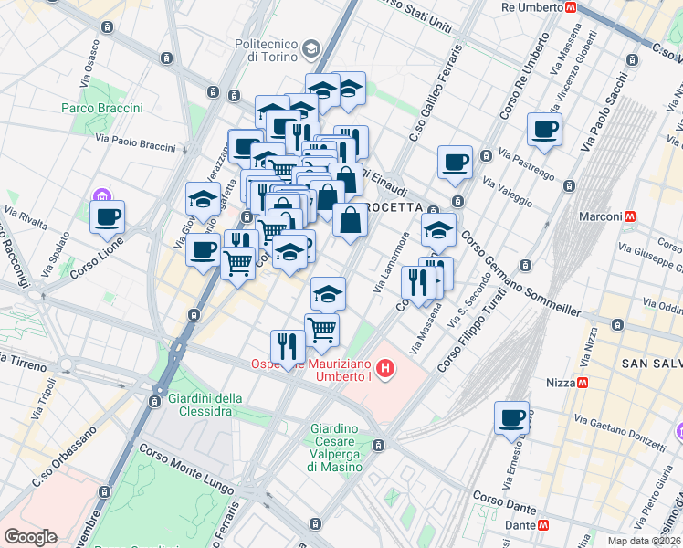 map of restaurants, bars, coffee shops, grocery stores, and more near 102 Corso Galileo Ferraris in Torino
