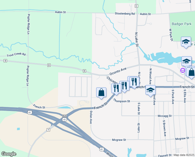 map of restaurants, bars, coffee shops, grocery stores, and more near 951 Oconto Avenue in Peshtigo