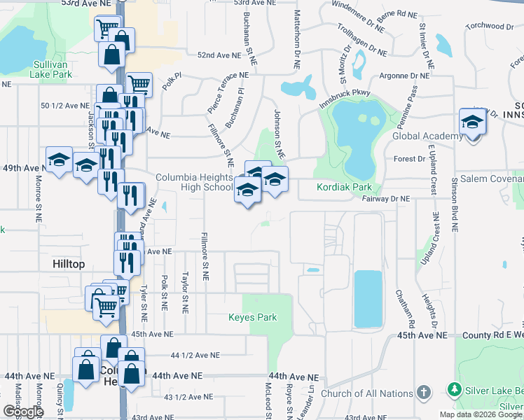 map of restaurants, bars, coffee shops, grocery stores, and more near 1640 Fairway Dr NE in Minneapolis