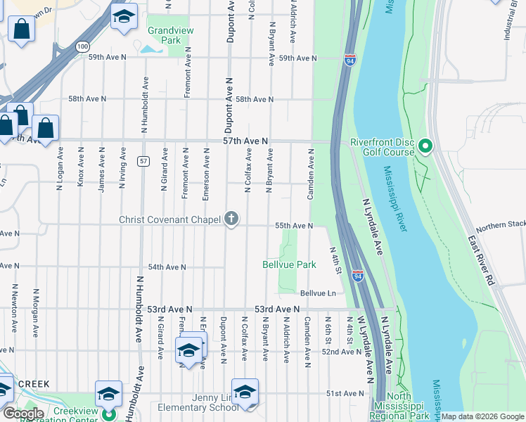map of restaurants, bars, coffee shops, grocery stores, and more near 5520 North Bryant Avenue in Minneapolis