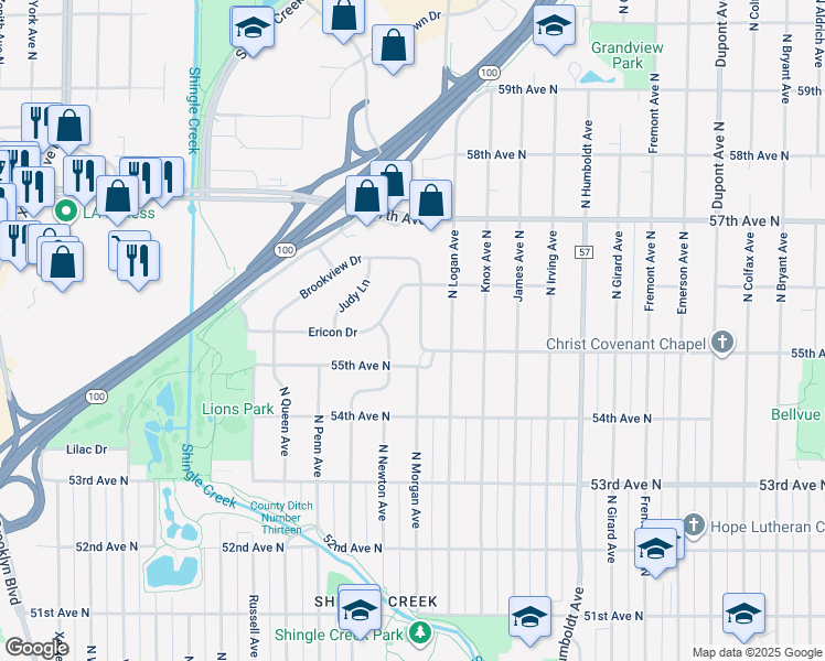 map of restaurants, bars, coffee shops, grocery stores, and more near 5525 North Morgan Avenue in Minneapolis