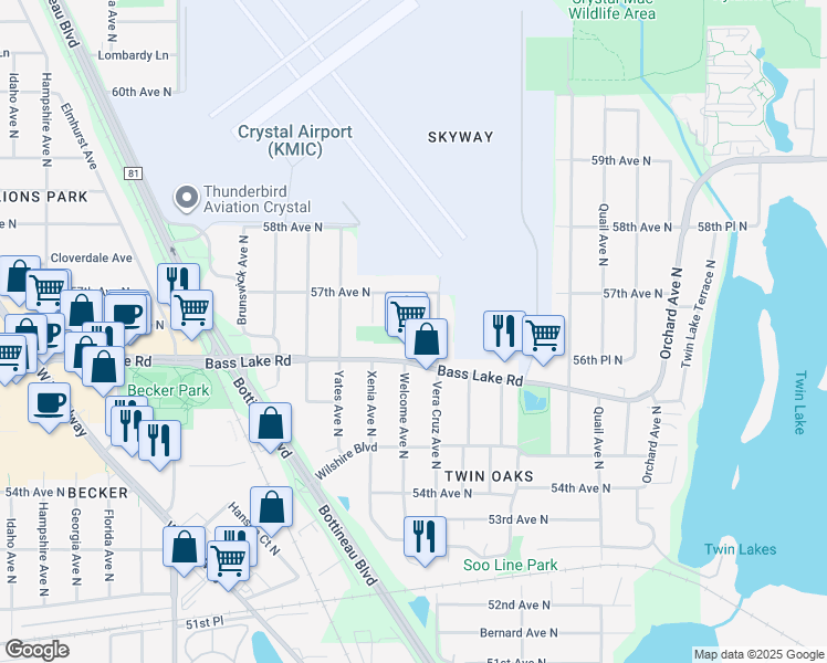 map of restaurants, bars, coffee shops, grocery stores, and more near 5624 Welcome Avenue North in Crystal
