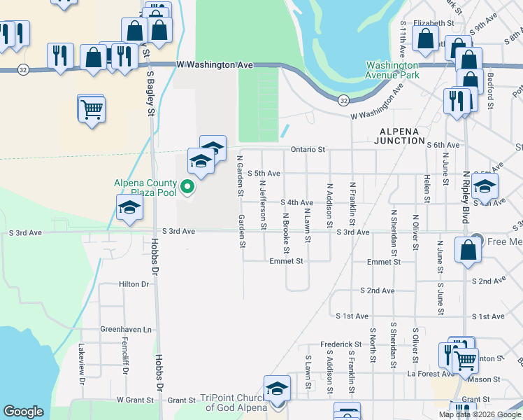 map of restaurants, bars, coffee shops, grocery stores, and more near 272 North Jefferson Street in Alpena