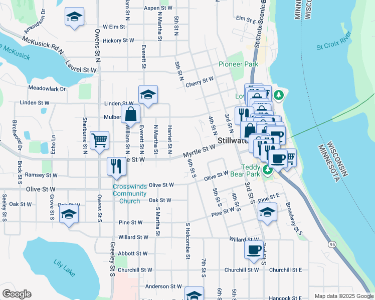 map of restaurants, bars, coffee shops, grocery stores, and more near 332 Myrtle Street West in Stillwater