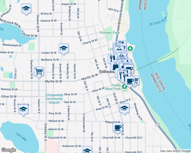 map of restaurants, bars, coffee shops, grocery stores, and more near 215 Myrtle Street West in Stillwater