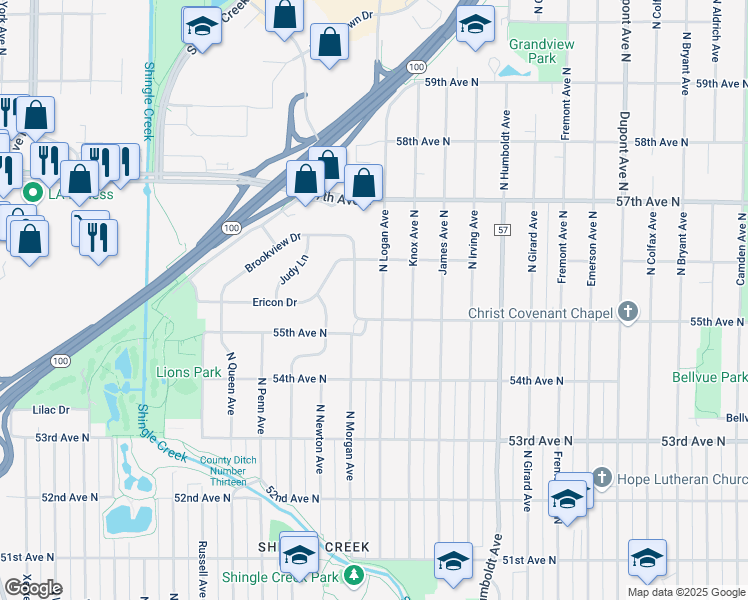 map of restaurants, bars, coffee shops, grocery stores, and more near 5517 North Logan Avenue in Minneapolis
