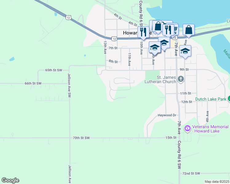 map of restaurants, bars, coffee shops, grocery stores, and more near 924 11th Avenue in Howard Lake