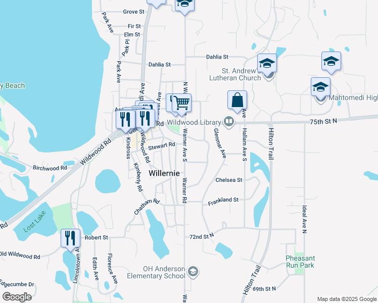 map of restaurants, bars, coffee shops, grocery stores, and more near 307 Warner Avenue South in Willernie