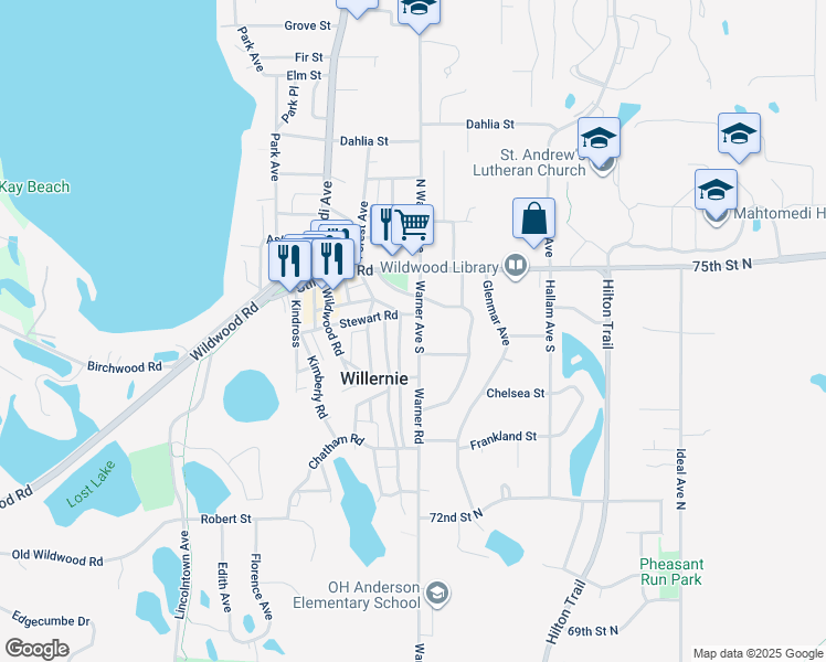 map of restaurants, bars, coffee shops, grocery stores, and more near 307 Warner Avenue South in Willernie