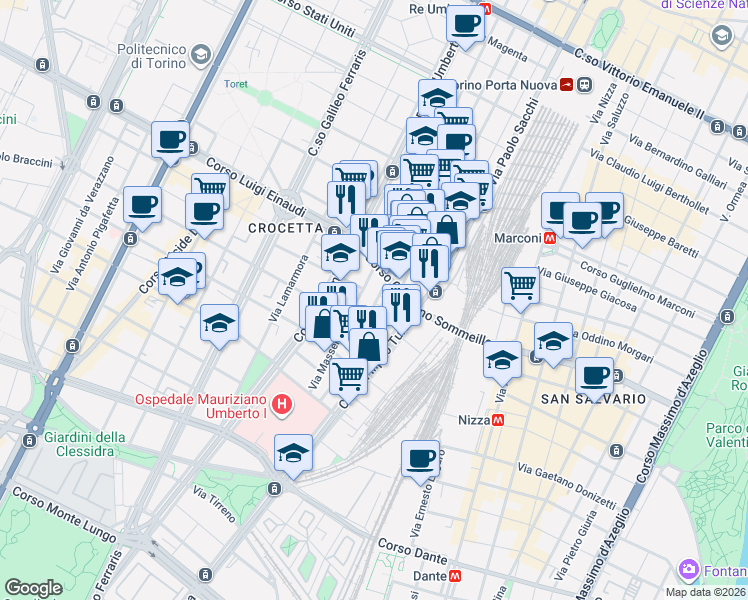 map of restaurants, bars, coffee shops, grocery stores, and more near 86 Via Vincenzo Gioberti in Torino