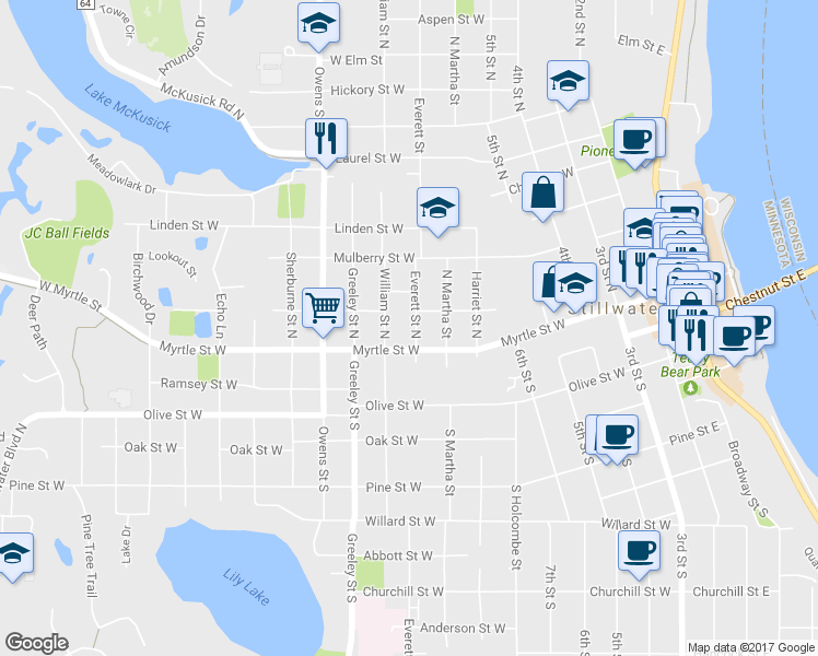 map of restaurants, bars, coffee shops, grocery stores, and more near 116 Everett Street North in Stillwater