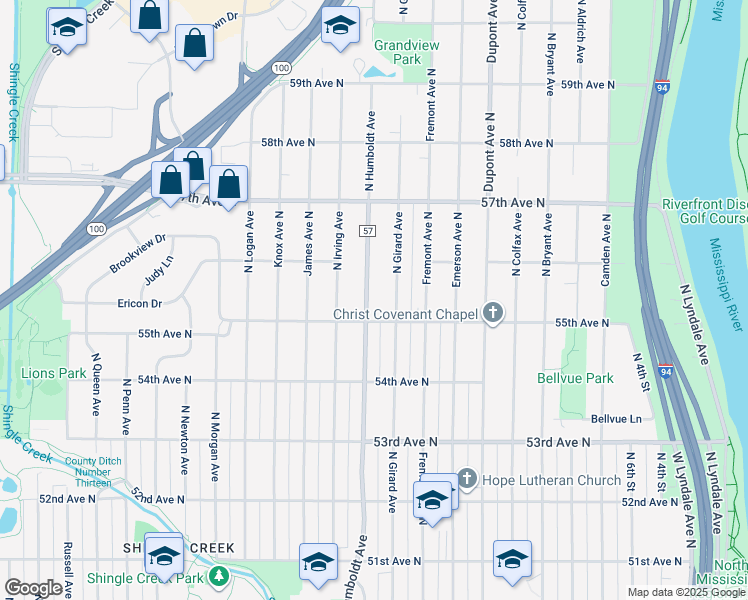 map of restaurants, bars, coffee shops, grocery stores, and more near 5520 North Humboldt Avenue in Minneapolis
